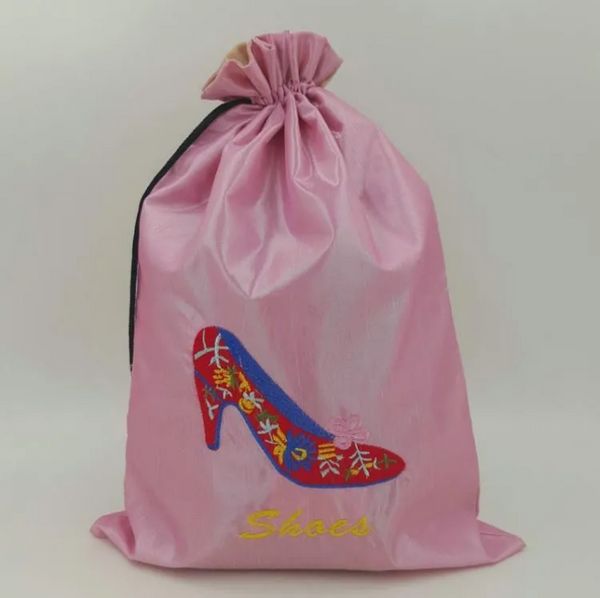 Große Stickerei-Absatz-Schuh-Beutel-Taschen für Reise-Schuh-Aufbewahrungs-Beutel-bewegliche chinesische Seiden-Kordelzug-Frauen-Schuh-Staubbeutel mit gefüttertem ss0412