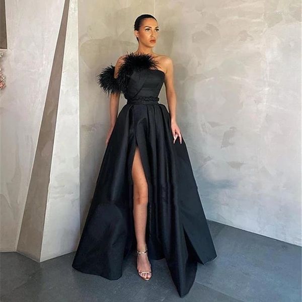 Parti Elbiseleri 2023 Resmi Kokteyl Elbise Siyah saten balo elbisesi taban uzunluğu tüy yüksek yan yarık akşam kostümü vestidos de fiesta