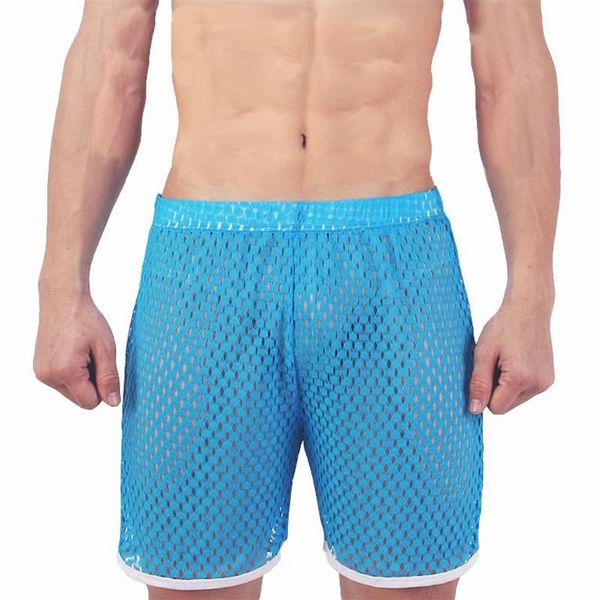 Shorts masculinos malha homens sexy praia placa ver através de fishnet gay masculino palco solto oco azul vermelho preto branco203q