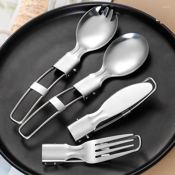 Conjuntos de utensílios de jantar 304 talheres dobráveis ​​portáteis de aço inoxidável para piquenique kit de colher de piquenique kit de prata