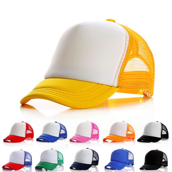 Designer Kids Trucker Hats 5 Panels Blank Sun Hats Mesh Baseball Caps Verstellbare Hysteresen Sommer Sport Für Kinder Ball Caps 52-56cm Rot Gelb Weiß Rosa 20 Farben