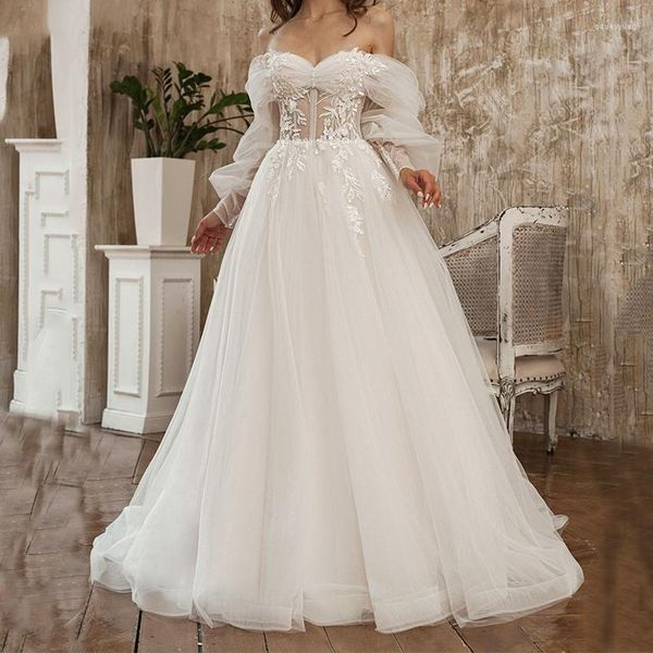 Partykleider 2023 Sexy weißes A-Linie Brautkleid mit langen Puffärmeln Schatz-Spitze-Applique-Tüll-Kleid Vestido De Novia Encaje