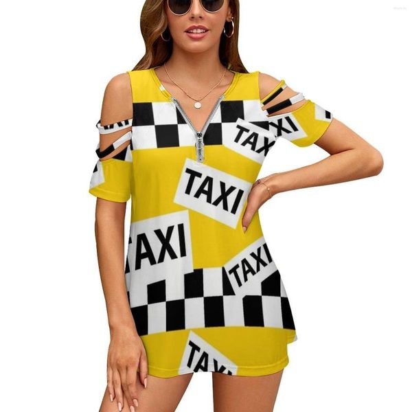 T-shirt da donna York Yellow Taxi Cab Pattern Fashion Zip Off Shoulder Top Camicia da donna a maniche corte Taxis