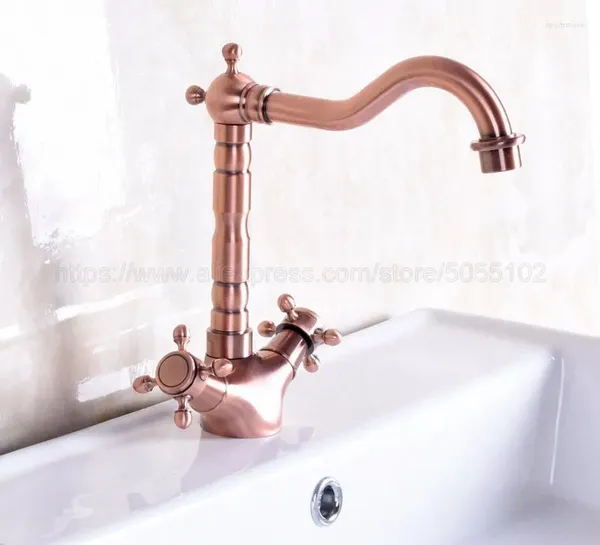 Rubinetti per lavandino del bagno Lavabo Rubinetto in rame rosso antico Bocca girevole a 360 gradi Rubinetti per vasca con doppia maniglia a croce Znf255