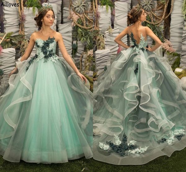 Sage Floral Lace Princess Flower Girl Dress With Ruffles Sheer Pesch Backless Wedding Party GOWNS DE POMPENHO PARA LITLHAS GIRLES CRIANÇAS DRESSO PRIMEIRA COMUNIÃO CL2152