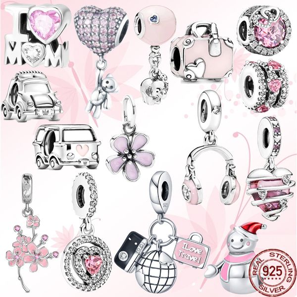 925 Sterling Silber Rosa Auto Reisetasche Perlen Kopfhörer Kirsche Baumeln Charm Passend für Original Armband Schmuck Geschenk