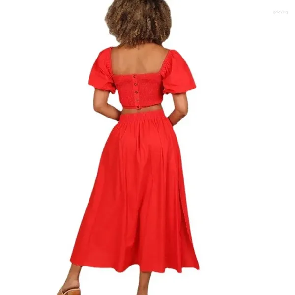 Roupas étnicas Verão Cor Sólida Casual Confortável Saia Terno Lanterna Manga Quadrada Pescoço Sexy Backless Top Slit Solto Conjunto de Duas Peças 2XL