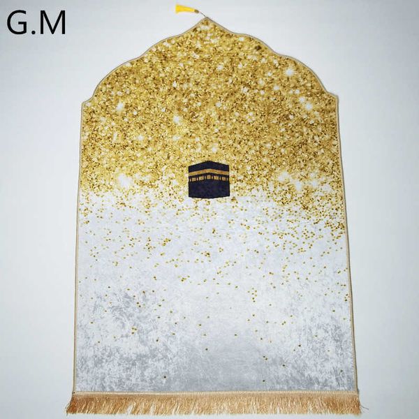 Tappeto 3D con profilo in oro con diamanti in velluto Coperta da preghiera antiscivolo Forma irregolare Tappetino da preghiera morbido per tappetino da culto musulmano Eid Regali Ramadan Z0411