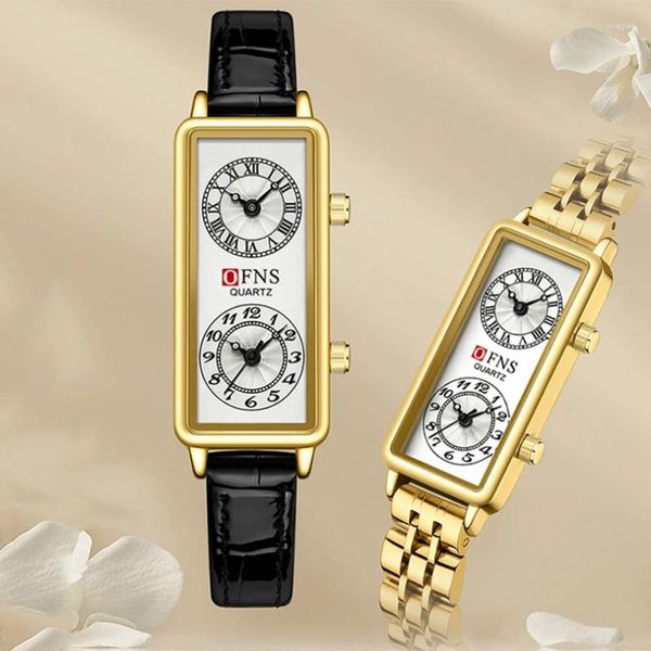 Orologi da polso Orologio al quarzo da donna Lusso Dual Time 2 Movimento Quadrante Orologio in acciaio inossidabile Reloj Rettangolo Ore Orologio da polso da donna in oro nero