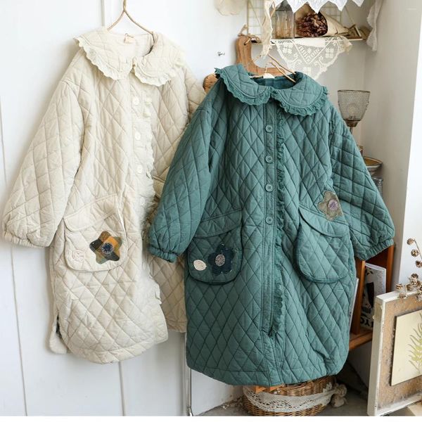 Casacos de Trench das Mulheres 138cm Busto Outono Inverno Mulheres Japão Estilo Simples All-Match Solto Patchwork Aconchegante Quente Algodão Acolchoado Sobretudos