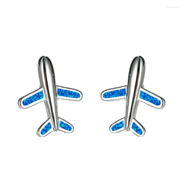 Серьги-гвоздики с милым синим опалом в виде самолета в подарок