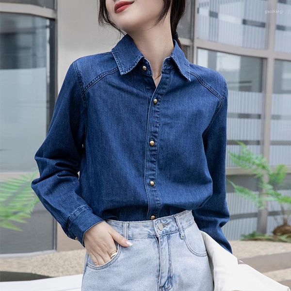 Damen Blusen Damen Basic Denim Korean Fashion Jean Shirts Frühling Umlegekragen Einreiher Tops