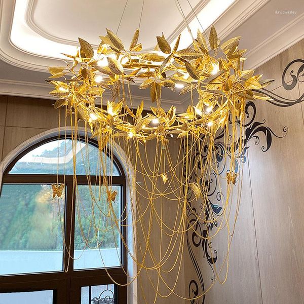 Люстры роскошные золотые листья люстры для гостиной виллы Холл Внутренняя украшение бабочка подвесная лампа Длинное медное освещение