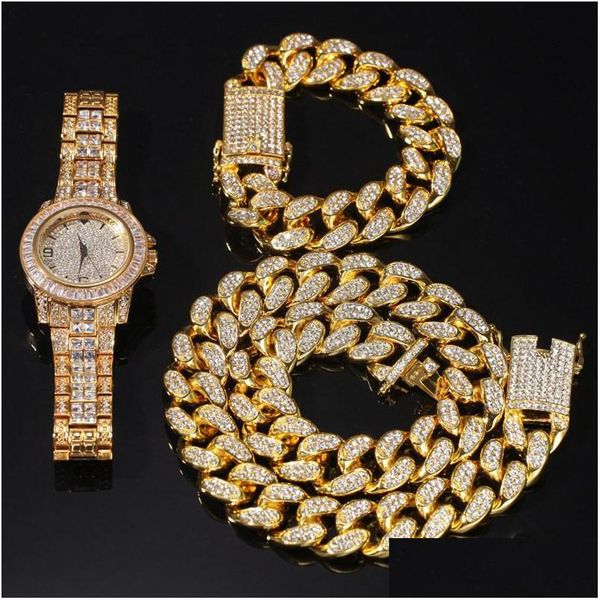 Armband Halskette Hip Hop Bling Schmuck Herren Iced Out Diamond Miami Cuban Link Chain Gold Sier Watch Halsketten Set Drop Del Dhgarden Otkp6