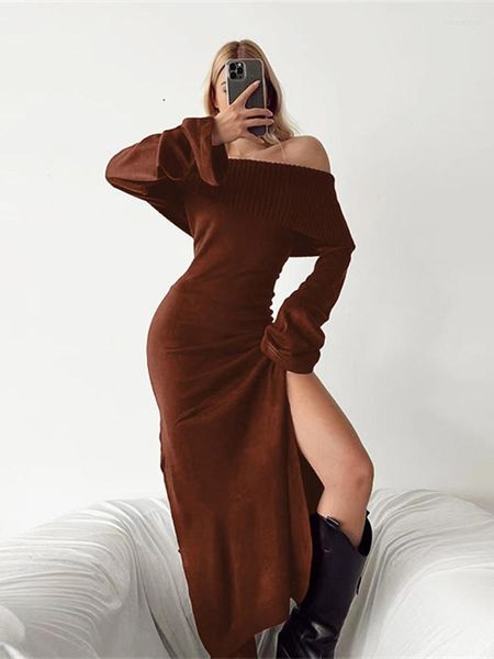 Повседневные платья элегантные женщины падают с плеча Bodycon платье свитера с длинным рукавом.