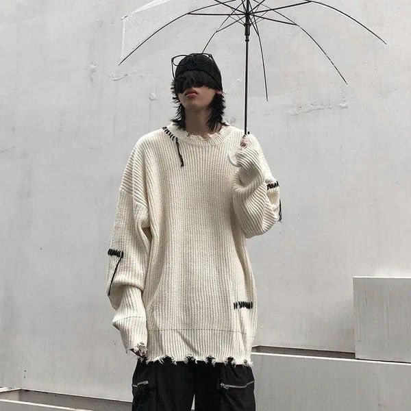 Suéter masculino estilo minimalista retrô casual personalidade rasgada suéter de manga comprida unissex outono solto e versátil camisa de malha de rua alta