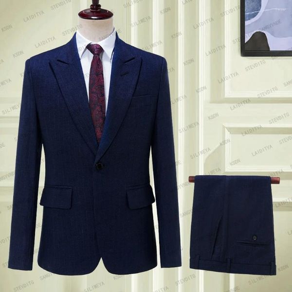 Мужские костюмы 2023, стильные классические темно-синие свадебные смокинги в меловую полоску, мужской костюм из двух предметов, деловой пиджак, пиджак