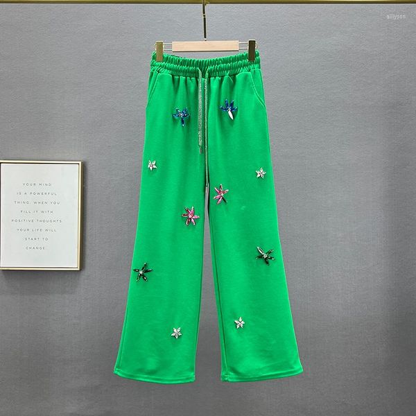 Calça feminina casual perna larga para mulheres 2023 Primavera e verão Casa elástica da cintura Flor Loose Flower Rhinestone Woman Woman