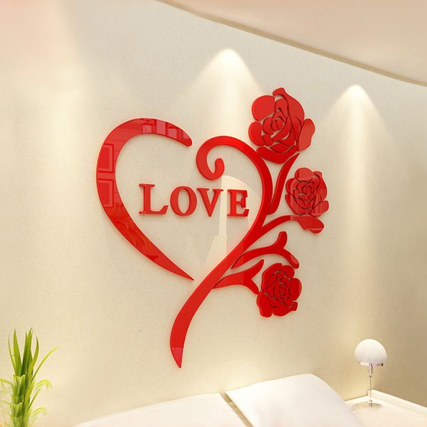 Decoração de parede amor rosa oferta especial oferta 3d cristal acrílico espelho stickes quarto quarto quente idéias de casamento romântico adesivos de decoração 230411