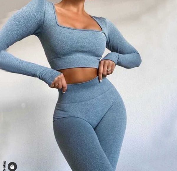 Donna 2 pezzi Set da yoga senza cuciture Tuta sportiva Abbigliamento da palestra Abbigliamento da allenamento Manica lunga Palestra Crop Top Leggings a vita alta Fitness Abbigliamento sportivo 220325