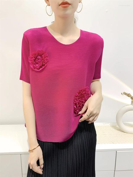 Camiseta feminina camiseta de verão flor top top roupas plissadas confortáveis ​​de design casual senso