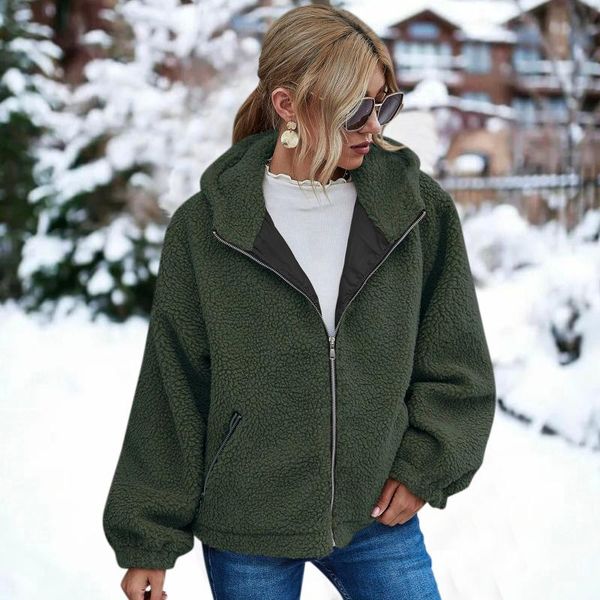 Jaquetas femininas lã de lã verde casaco de inverno macio h manga longa com capuz casual casual snow colet womenwomen's