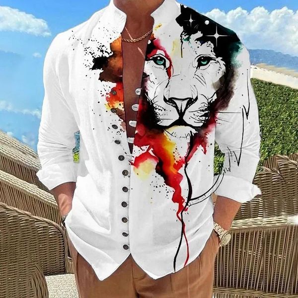 Camisas casuais masculinas chegadas camisa branca moda tigre padrão impresso suporte pescoço manga longa homens primavera abotoado sportswear tops