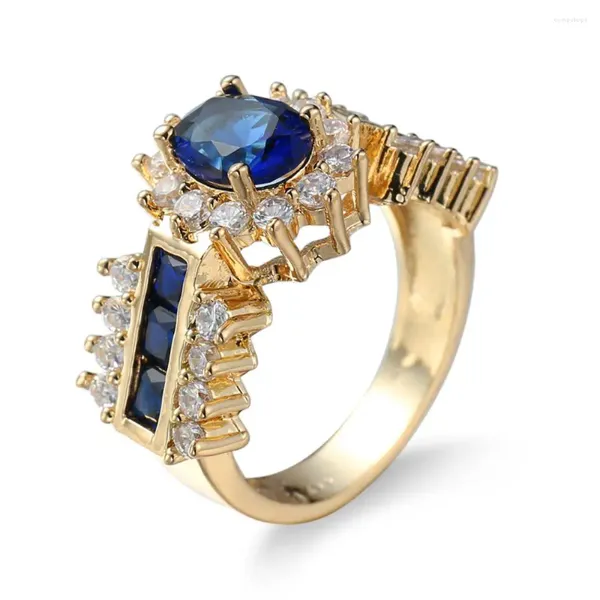 Anéis de casamento elegante feminino prong azul cz amarelo banhado a ouro jóias para mulheres presente de pedra de nascimento