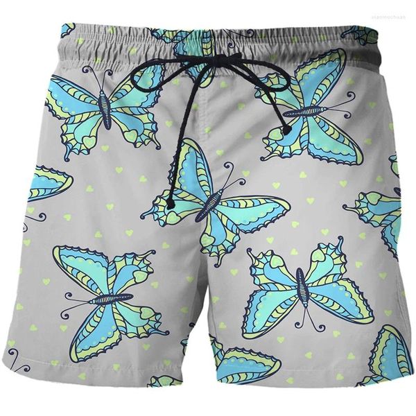 Shorts masculinos borboleta dos desenhos animados secagem rápida casual verão correndo praia placa clássico impresso cordão surf