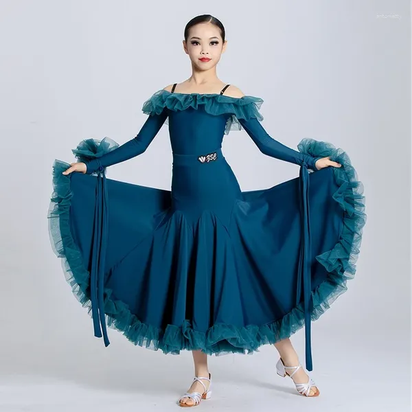 Bühnenkleidung Mädchen Pfauenblaues Tango-Ballsaal-Wettbewerbskleid Schulterfreies Standardtanz-Performance-Kostüm Bodysuit-Rock VDB7662