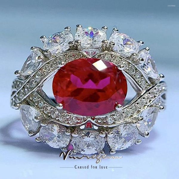 Кластерные кольца Vinregem 18K Белое золото 7 9 мм овальный имитируемый Ruby Sapphire Gemstone Ring для женщин 925 Серебряные коктейльные украшения.