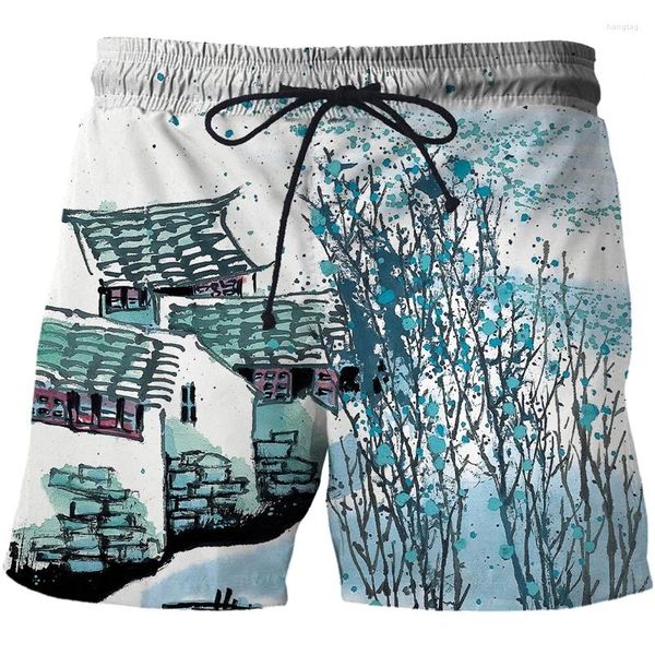 Shorts masculinos moda esportes 3d chinês escova pintura impressão calças de praia verão mar surf casual homens/mulheres