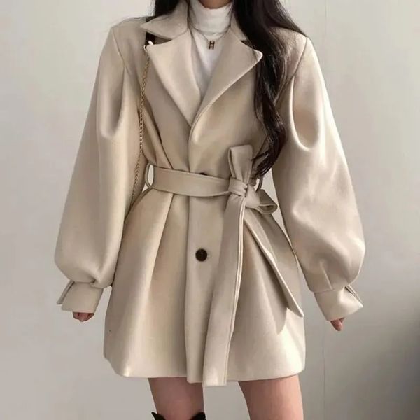 Misturas de lã feminina Zoki moda coreana mulheres faux casacos de lã elegante cinto senhoras jaqueta outono casual cintura alta túnica feminina mistura outwear 231110