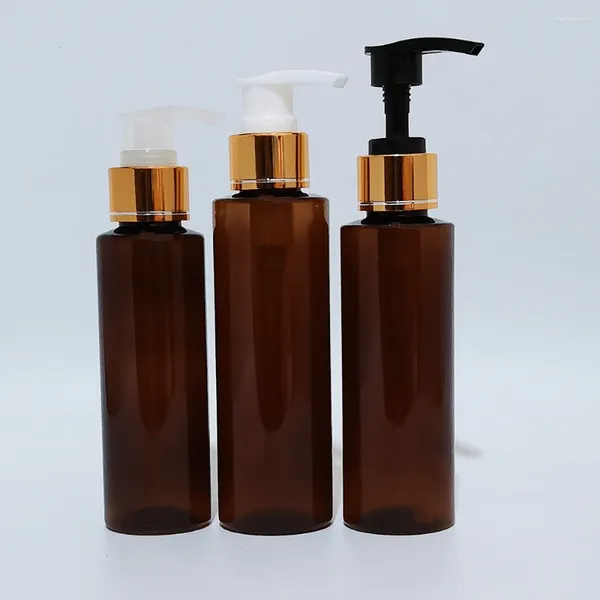 Garrafas de armazenamento 100ml 120ml 150ml Garrafa âmbar cosmética vazia com bomba de loção de alumínio dourada Shampoo Dispenser Embalagem de recipiente