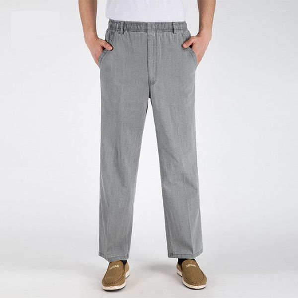 Calça masculina linho de algodão solto faixa de elástico de trabalho fino pernas largas pernas largas na cintura alta roupas de verão