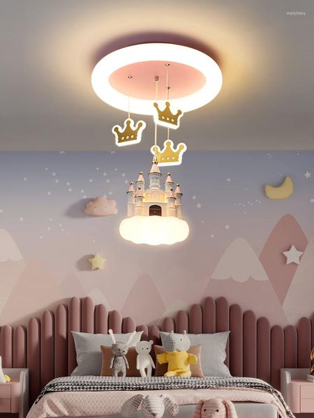 Luzes de teto, quarto infantil lustre garotão quarto luz desenho animado criativo Castelo de coração rosa Crown Princess