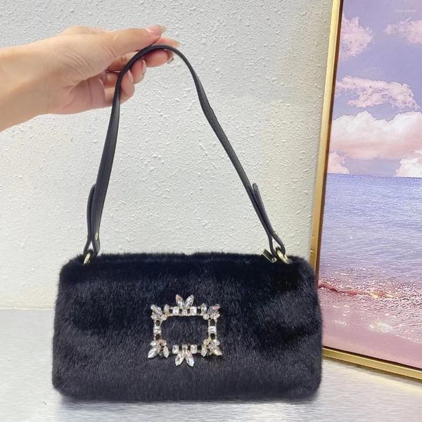 Borse da sera Morbida pelliccia sintetica per donna Borse di lusso con perline Borsa a tracolla con diamanti di design Pochette in peluche con strass