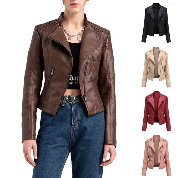 Damen-Leder-Motorradjacke mit Reißverschluss, PU, Vintage-Stil, Übergröße, Moto-Mantel, einfarbig, Umlegekragen, Streetwear-Anzug