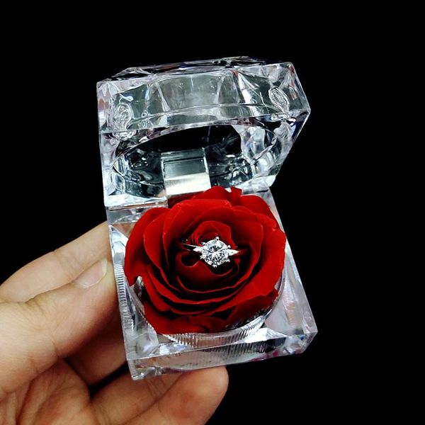 Brocada de presente Caixa de anel acrílico Box noivado de casamento Dia dos namorados para cerimônia de proposta com florgift