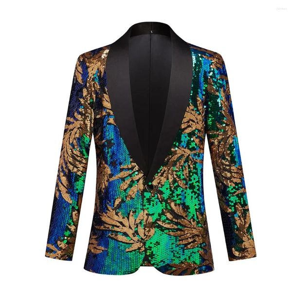 Herrenanzüge Luxus Grün Gold Pailletten Blazer Jacke Männer Slim Fit Schal Revers Anzug Herren Casual Hochzeit Party Bühne Sänger Kostüme