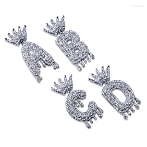 Anhänger Halsketten OMYFUN DIY Tropfkrone Blase Buchstaben Anhänger Silber Farbe CZ Iced Initialen Charme Hip Hop Männer Frauen Schmuck