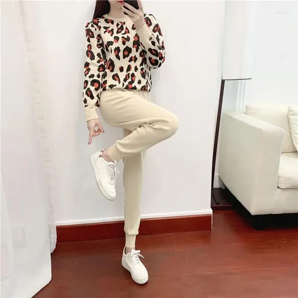 Frauen Zwei Stück Hosen Frauen Leopard Sets Herbst Weibliche Lange Hülse Druck Pullover Und Elastische Taille Streetwear Trainingsanzüge G665