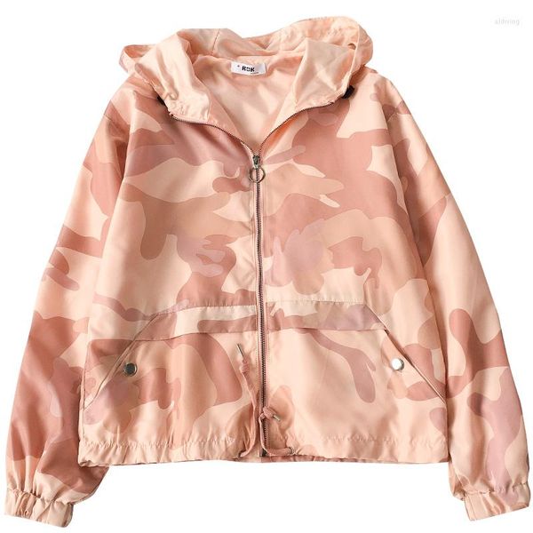 Damen Jacken Rosa Camouflage Jacke Damen Frühling Kapuzen Damen Mantel Langarm Boyfriend Chic Mode Lose Windjacke Streetwear