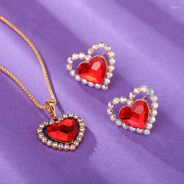 Halskette Ohrringe Set Herz Damen und Schmuck aus österreichischem Kristall für Mädchen Valentinstag Bijoux Geschenke Top Qualität