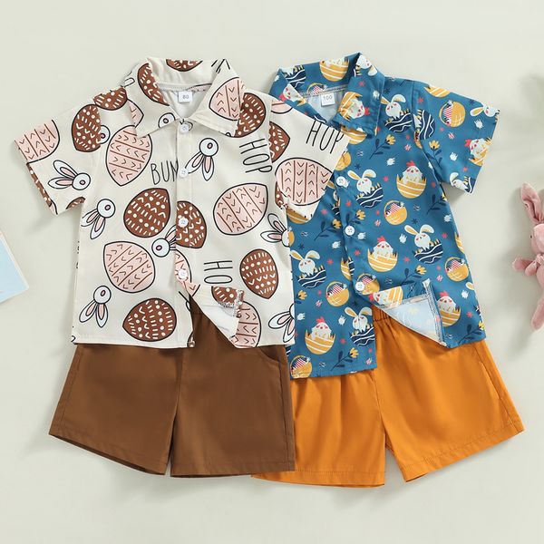 Kleidungssets 12 22 Lioraitiin 0 5 Jahre Baby Kinder Jungen Ostern Shorts Set Kurzarm Kaninchen Print Button-Down-Shirt 230412
