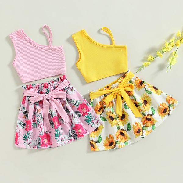Roupas conjuntos de moda meninas garotas de verão Criança de garotas de menina sem mangas Salia de colete Topsfloral com cinto 3pcs