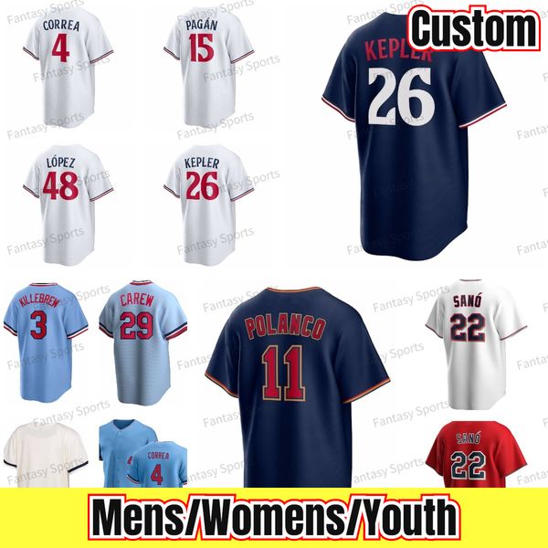 Benutzerdefinierte Carlos Correa Jersey 3 Harmon Killebrew 34 Kirby Puckett 22 Miguel Sano 25 Byron Buxton 29 Rod Carew 11 Jorge Polanco 20 Eddie Rosario Minne Genähte Trikots