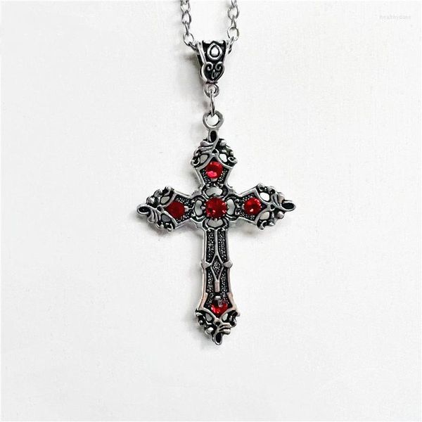 Anhänger Halsketten Gothic Große barocke christliche Kreuz Halskette Mikro eingelegter roter Kristall Gebetsamulett Schmuck