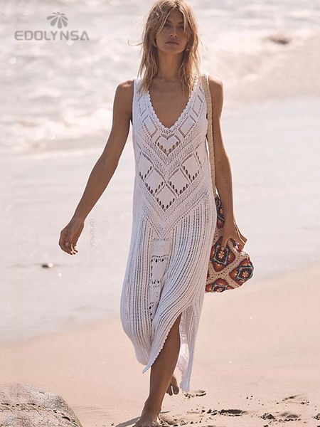 Traje de baño para mujer Bikini sin mangas sexy Encubrimientos Túnica de crochet blanca Vestido de playa de verano Vestido de playa para mujer Traje de baño Cubrir Q1299 230412