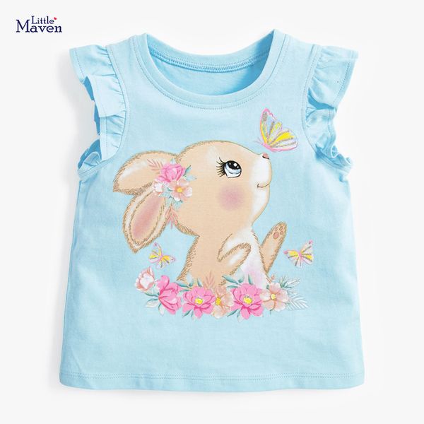 T-Shirts Little maven 2023 Lovely Rabbit Summer Clothes Blue Short Sleeves T-Shirt Baby Girls Cotton Breathable Tops for Kids 2 to 7 year 230412